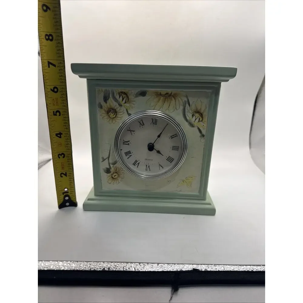 Vintage Style Sage Green Sunflower Bee Mantel Table Clock Quartz 7” Working *